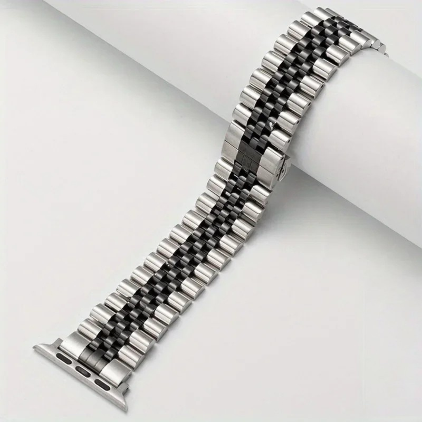 Chrono Link stainless steel Apple Watch bracelet five-link design polished silver butterfly clasp