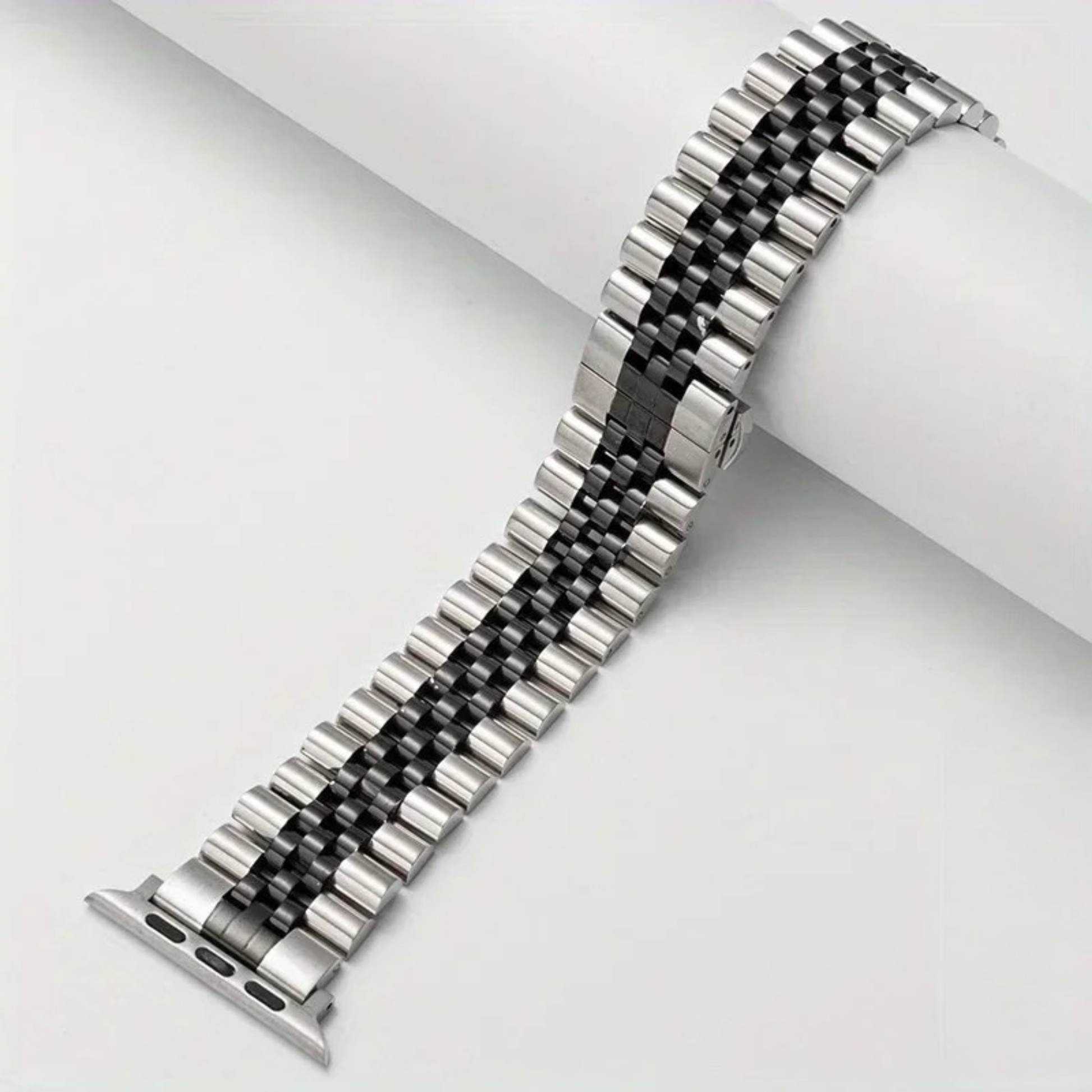 Chrono Link stainless steel Apple Watch bracelet five-link design polished silver butterfly clasp