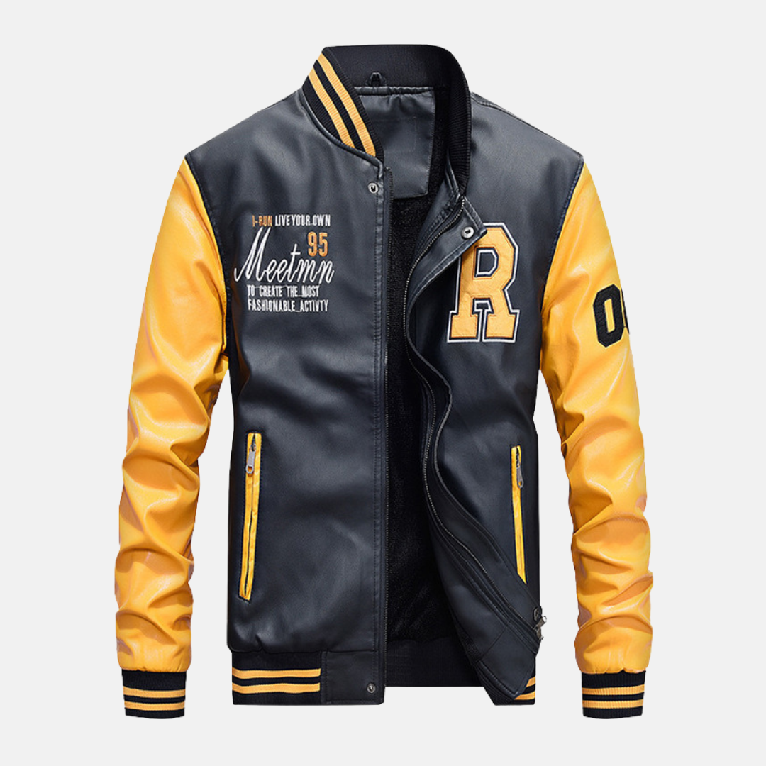 Men's black leather-look baseball jacket varsity fit with ribbed edges and snap closure streetwear