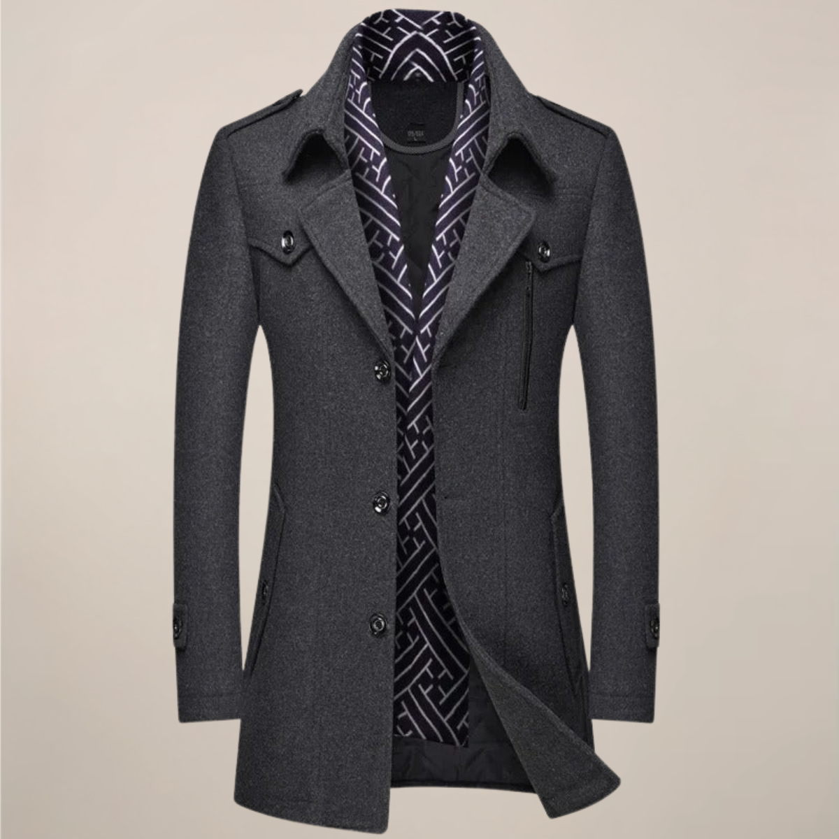 Men's long tailored wool overcoat in classic cut, button-up professional winter coat with sleek silhouette