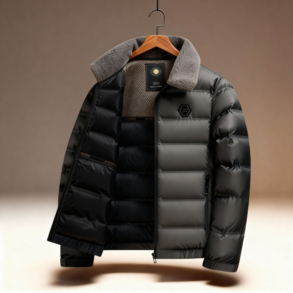 Men's quilted puffer jacket with soft fleece collar and zipper closure for cold weather warmth