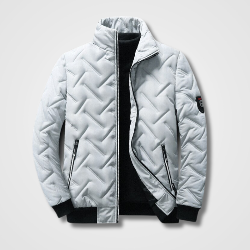 Men's slim fit quilted puffer jacket with stand-up collar, zipper closure, versatile everyday style
