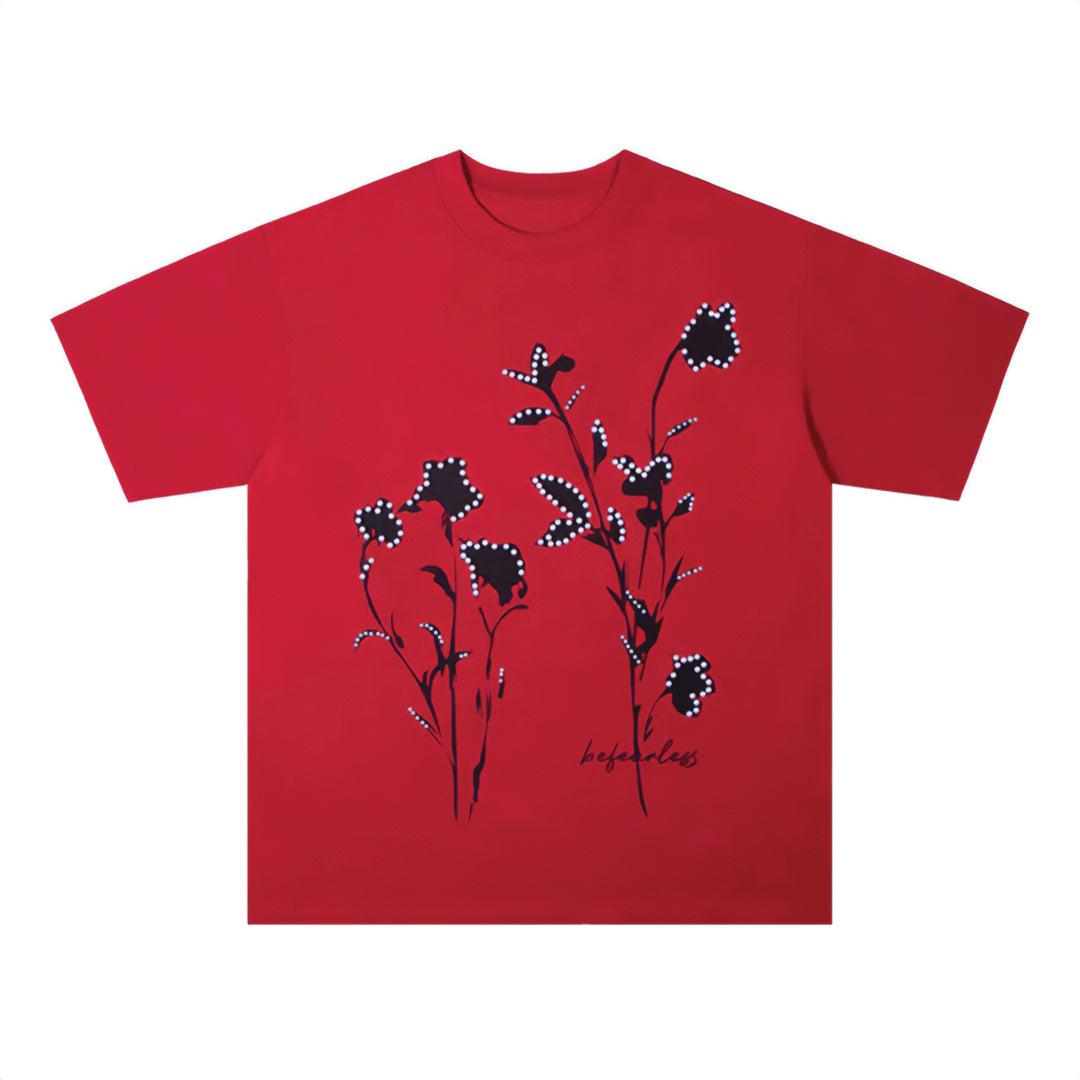 White oversized cotton t-shirt bold floral graphic print with faux pearl accents relaxed casual fit