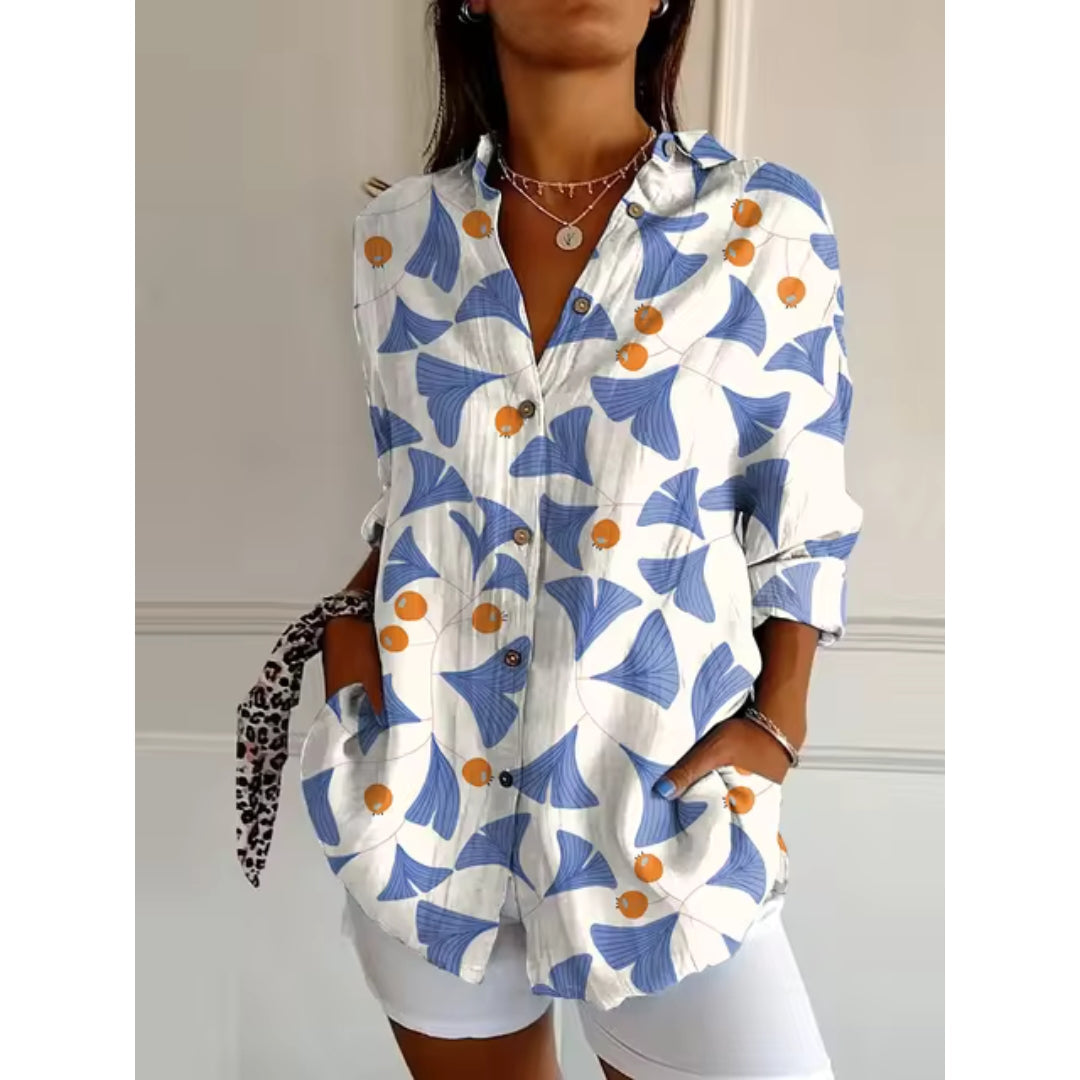 Women's floral long sleeve button-front blouse with soft print and effortless chic silhouette