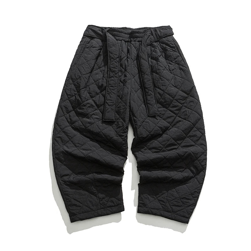 Charcoal wide-leg fleece patch pants with quilted texture and bold statement pockets for streetwear