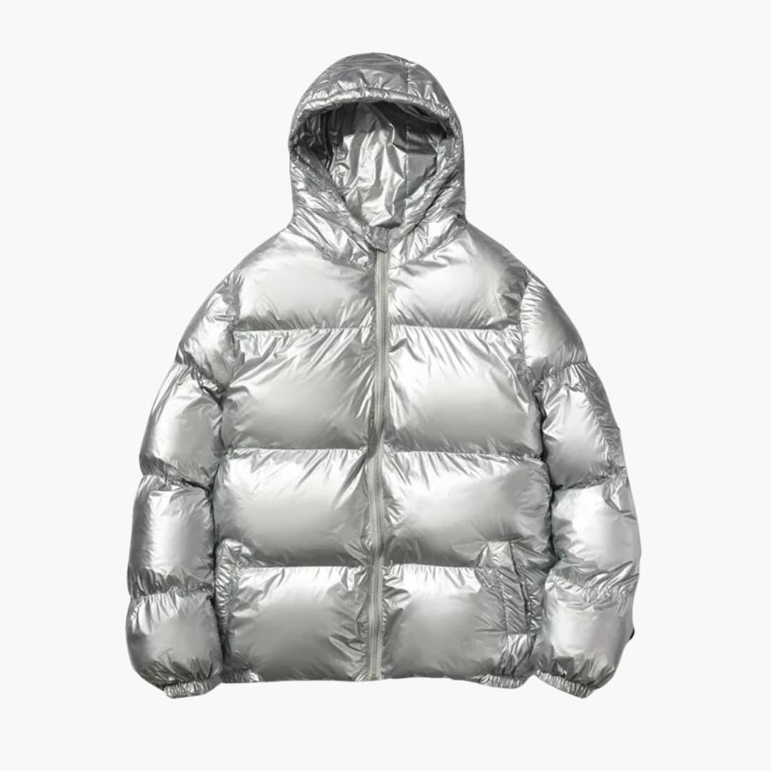 Men's black glossy puffer jacket with hood, modern slim-fit winter outerwear with reflective sheen