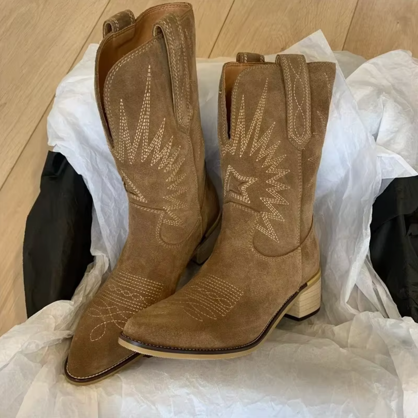 Women's mid-calf suede cowboy boots with embroidered western design, pointed toe, and low block heel