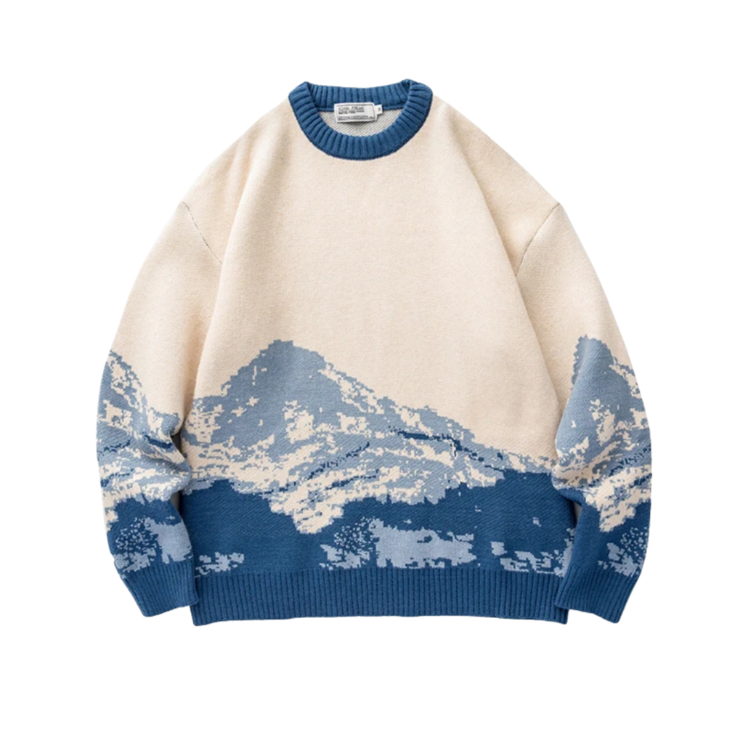 Beige knit sweater relaxed fit woven mountain landscape design across front and sleeves winter style
