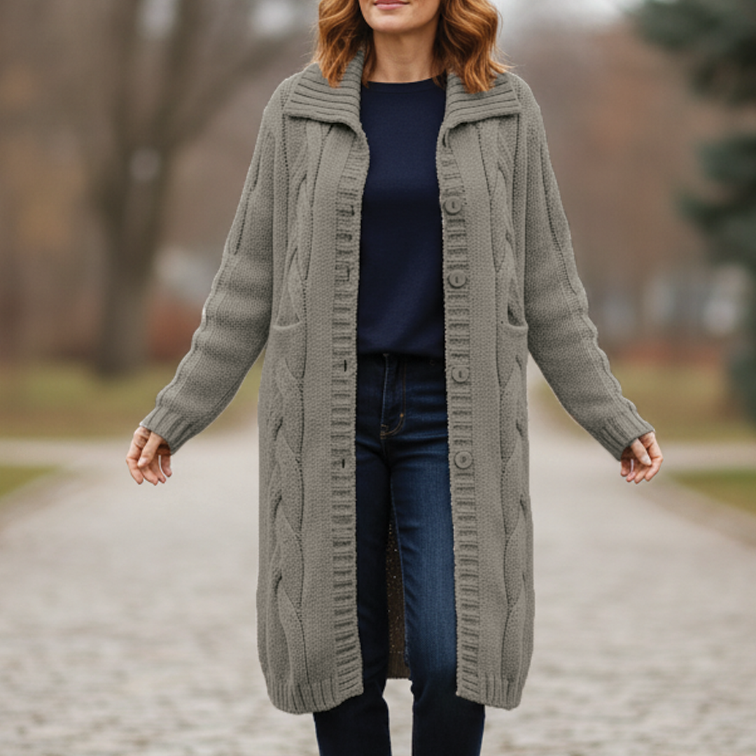 Women's cream cable knit long coat wool blend chunky winter wrap with classic chic silhouette