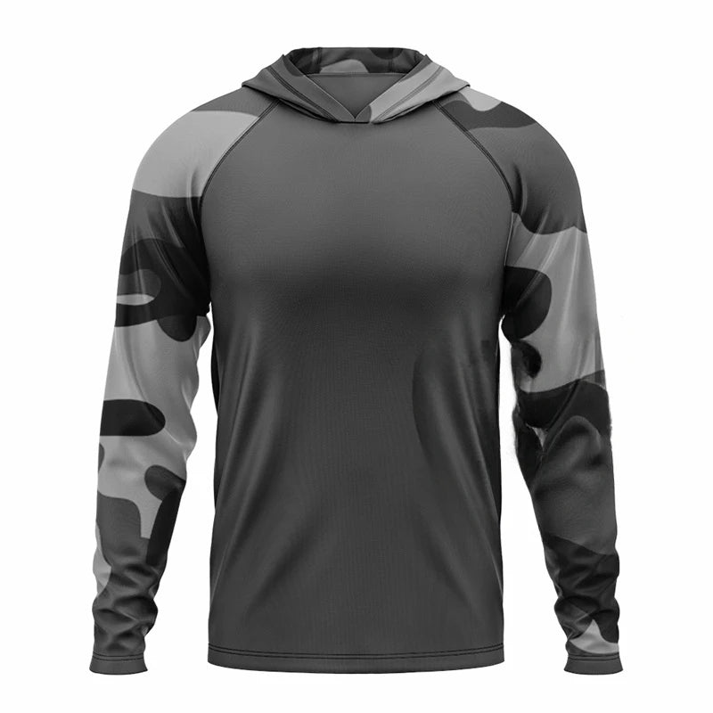 Tactical camo hoodie with QuickDry fabric, UPF 50 sun protection, matte body and camo-print sleeves