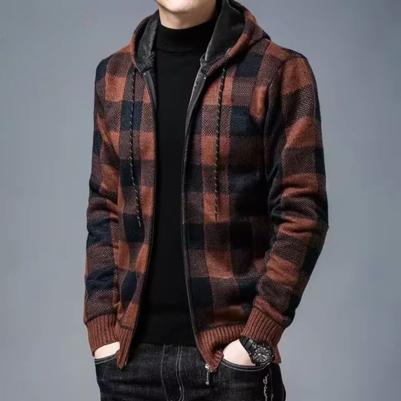 Men's plaid fleece zip-up hoodie soft plush fabric insulating warmth cold weather comfort