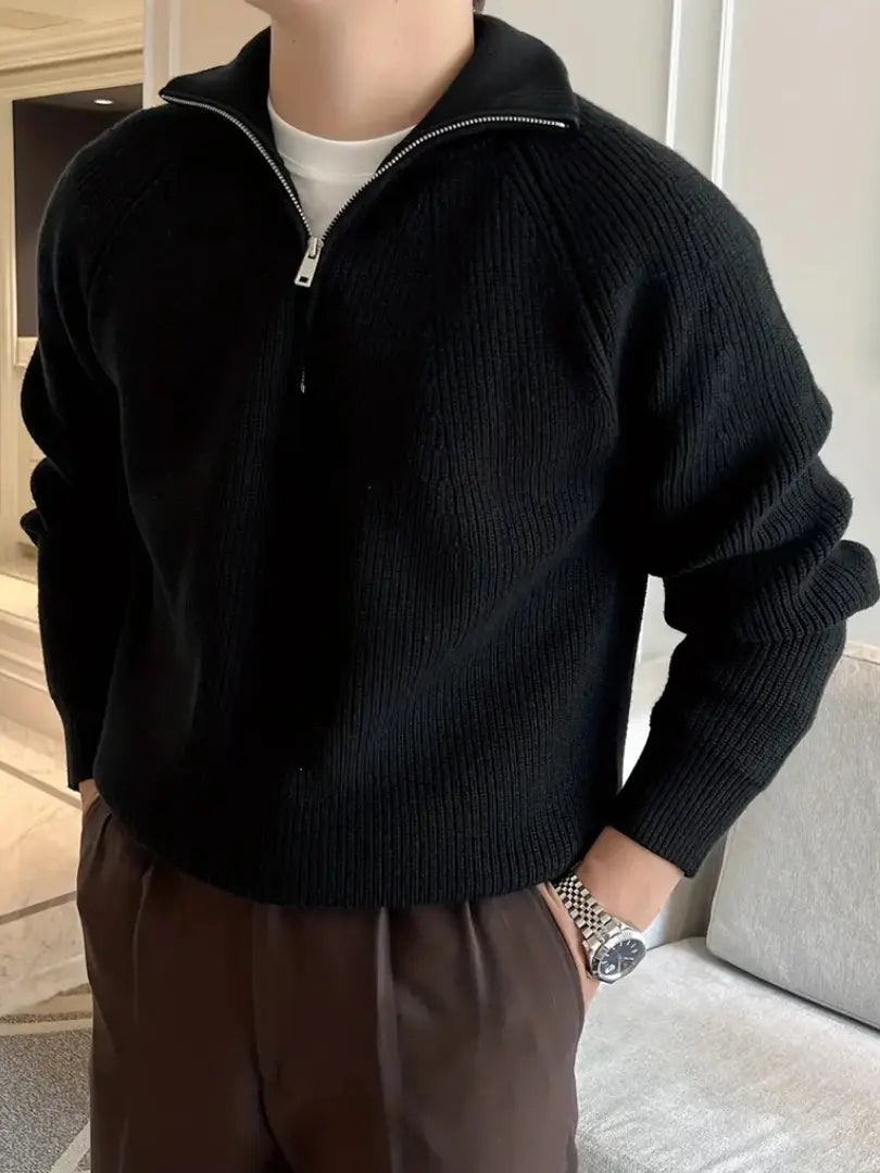Men's beige knitted crew neck sweater casual long sleeve ribbed cuffs soft cotton blend everyday wear
