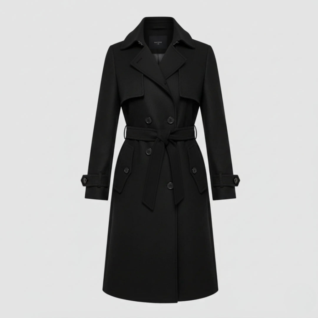 Women's double-breasted wool trench coat, structured long silhouette with classic lapel collar for cold weather