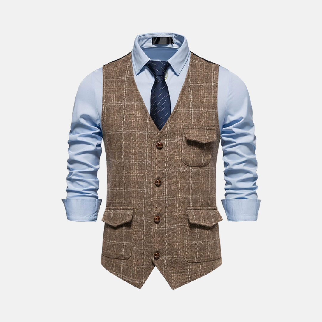 Men's wool blend slim fit V-neck vest tailored waist length smart casual layering piece