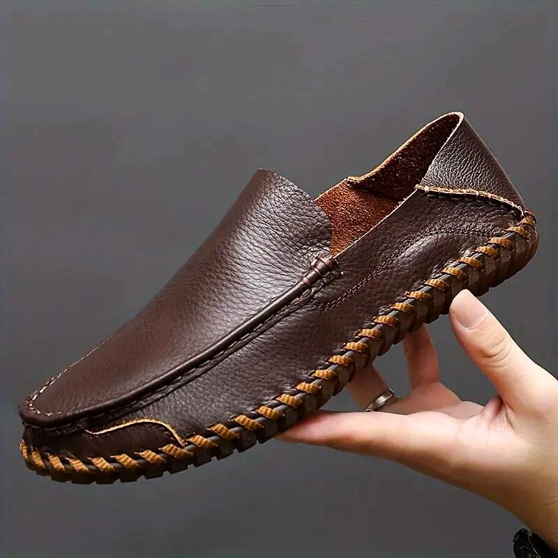 Men's brown Italian leather slip-on loafers handcrafted breathable design semi-formal casual style