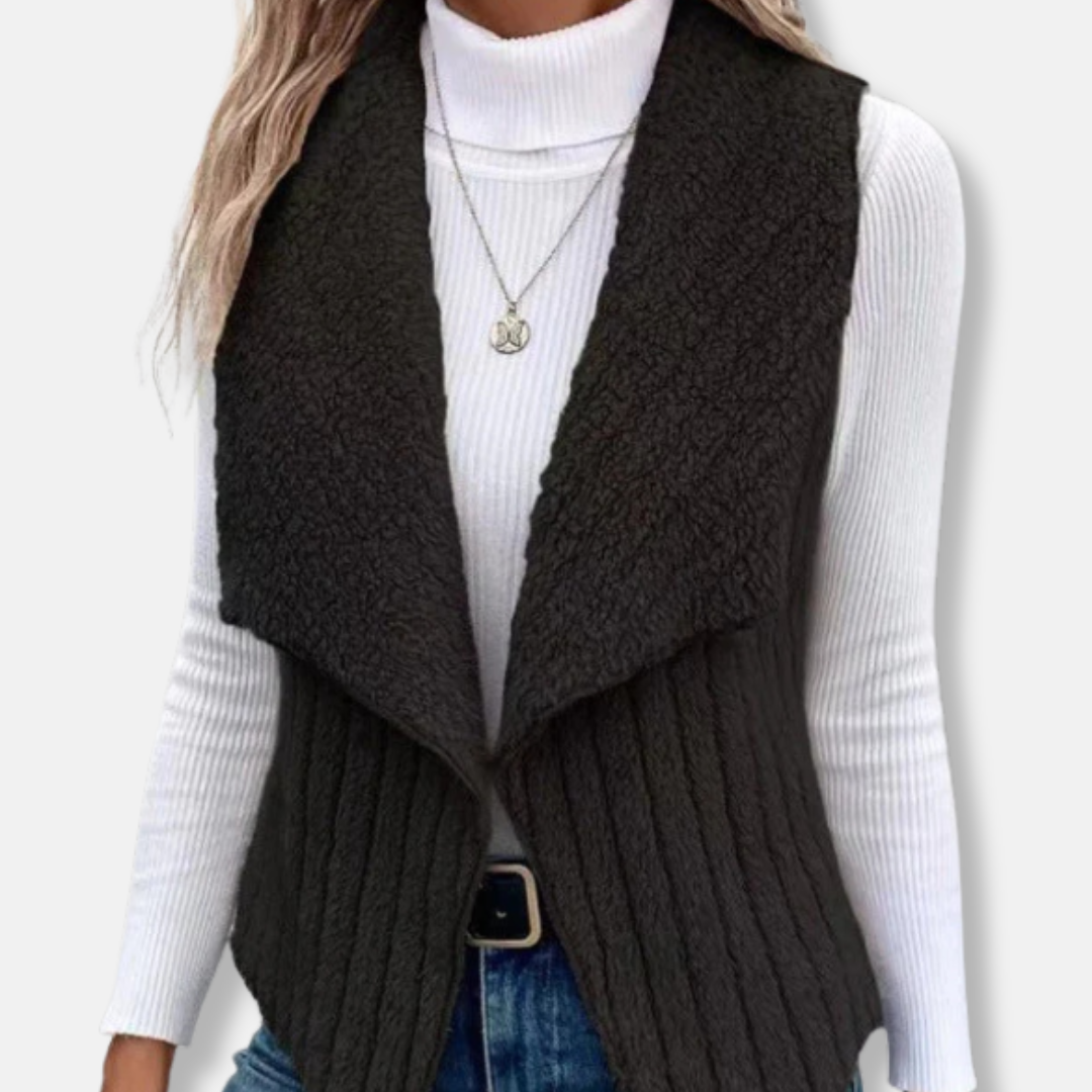 Women's sleeveless knit vest with plush shawl collar, hip-length relaxed open-front silhouette
