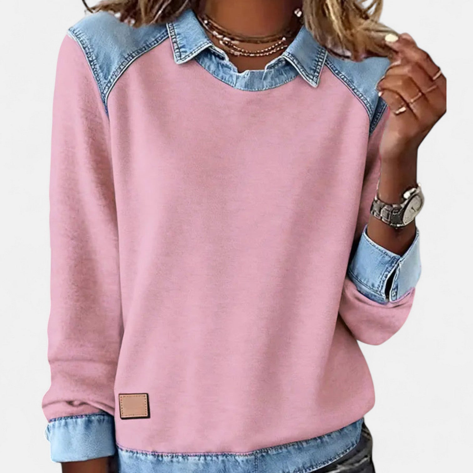 Women's gray pullover sweatshirt with faux denim collar and cuffs layered design
