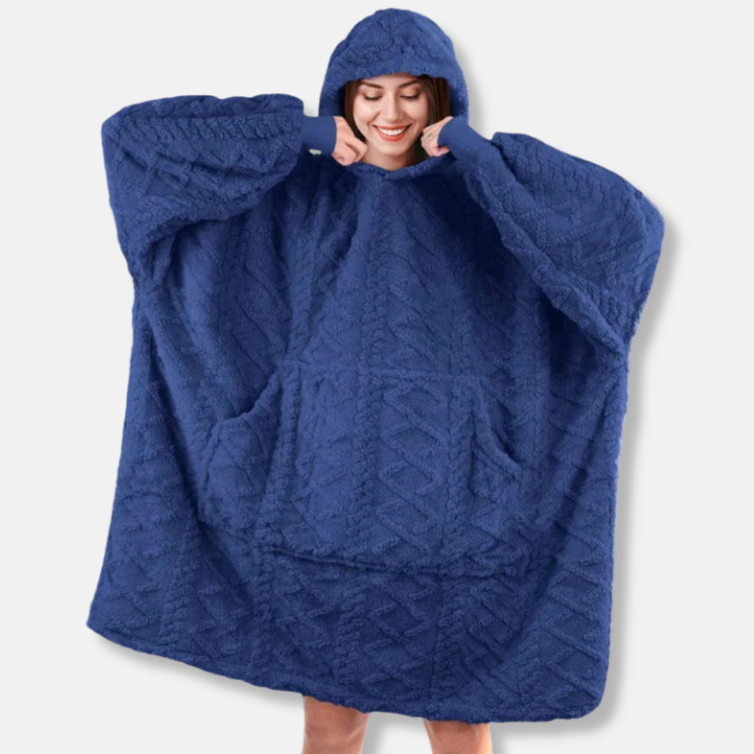 Women's oversized plush knit blanket hoodie with kangaroo pocket, cozy lounge sweatshirt