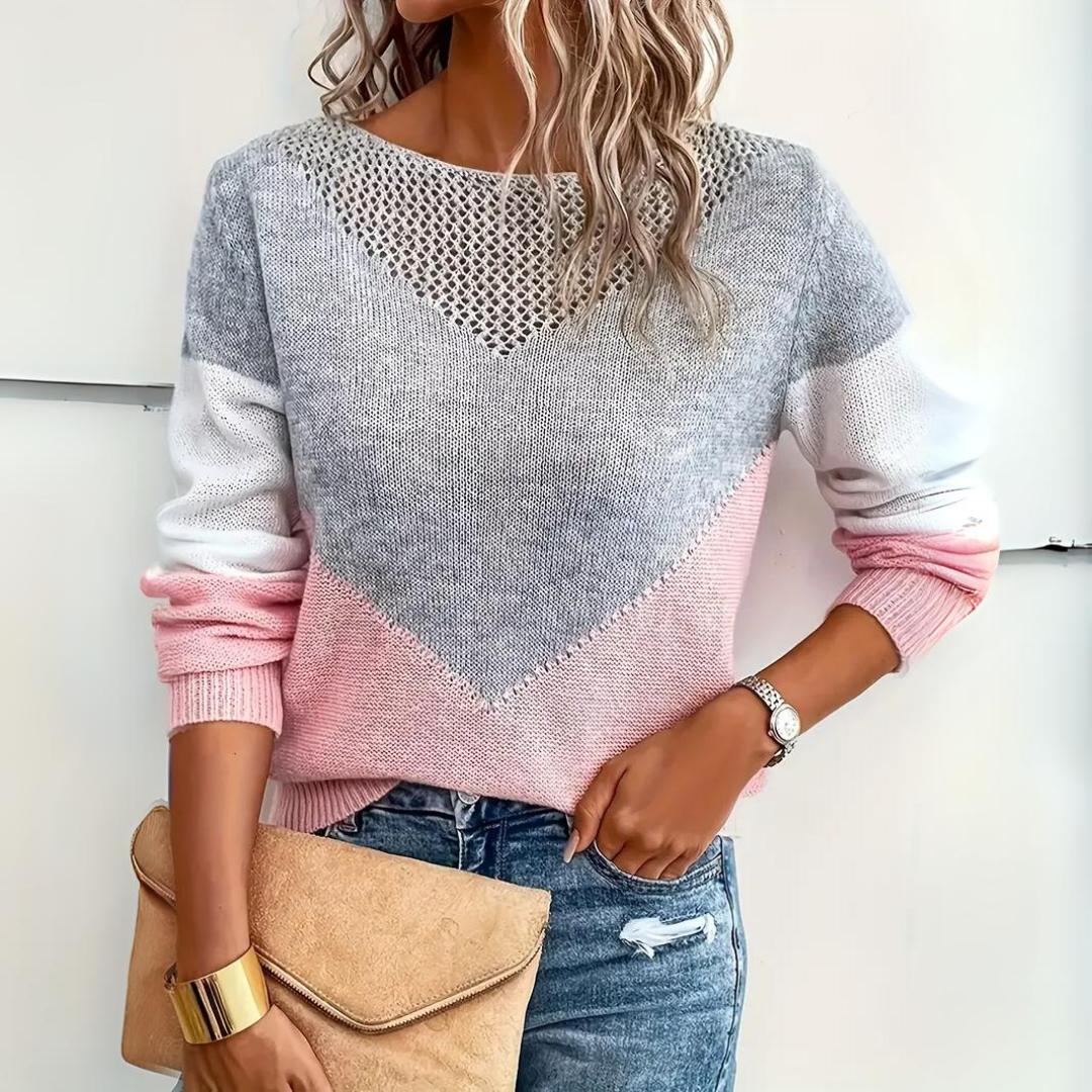 Women's color block sweater with sheer mesh detail, modern relaxed knit for effortless everyday layering