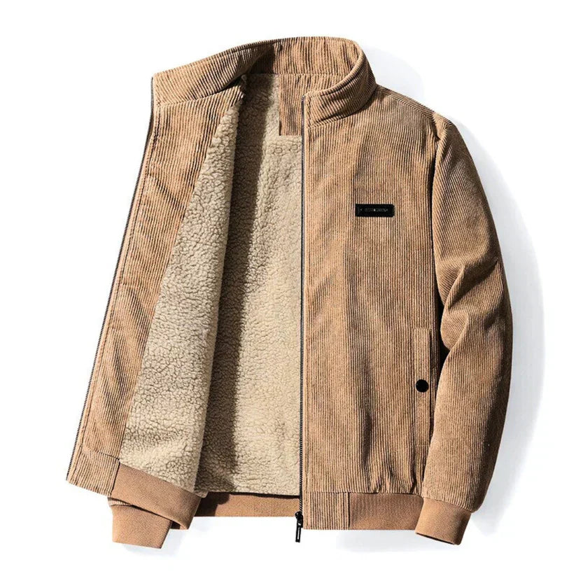 Brown corduroy jacket retro vintage silhouette with textured ribbed fabric for casual everyday style