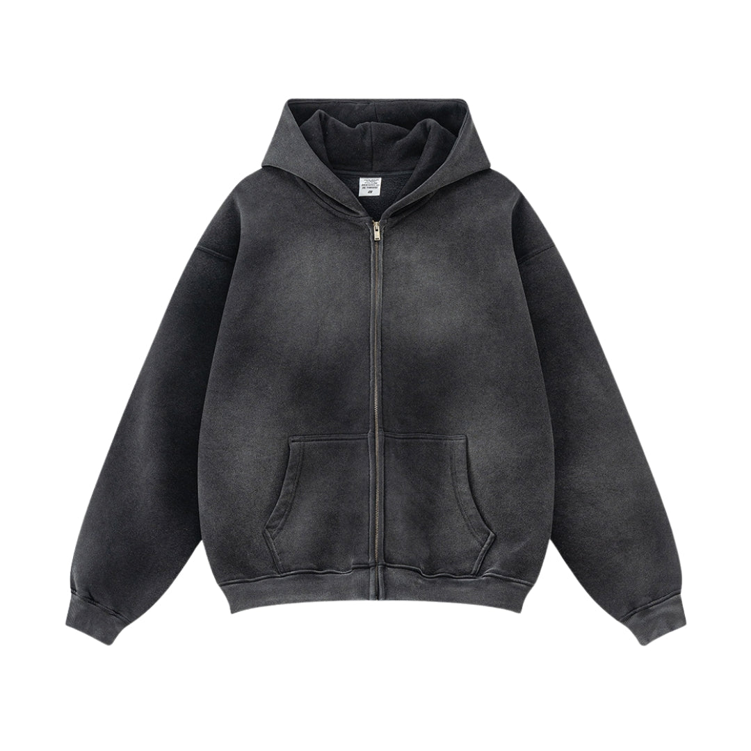 Gradient wash cotton unisex zip hoodie with hand-distressed details and smooth color-shifting finish