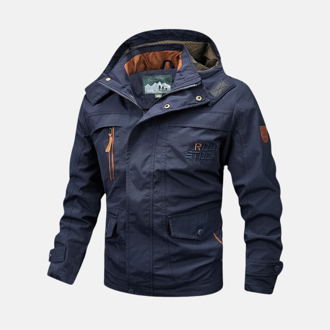 Men's loose-fit hooded windproof jacket in neutral tone, water-resistant full-zip shell for travel