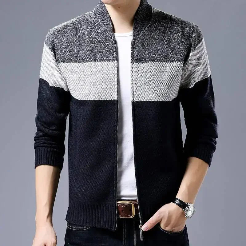 Hawthorne tri-tone knit full-zip jacket with plaid-lined fleece interior for outdoor warmth