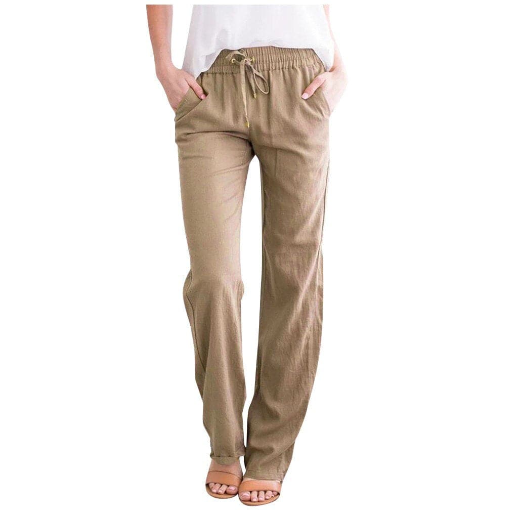 Women's beige linen relaxed fit pants with drawstring elastic waist and side pockets