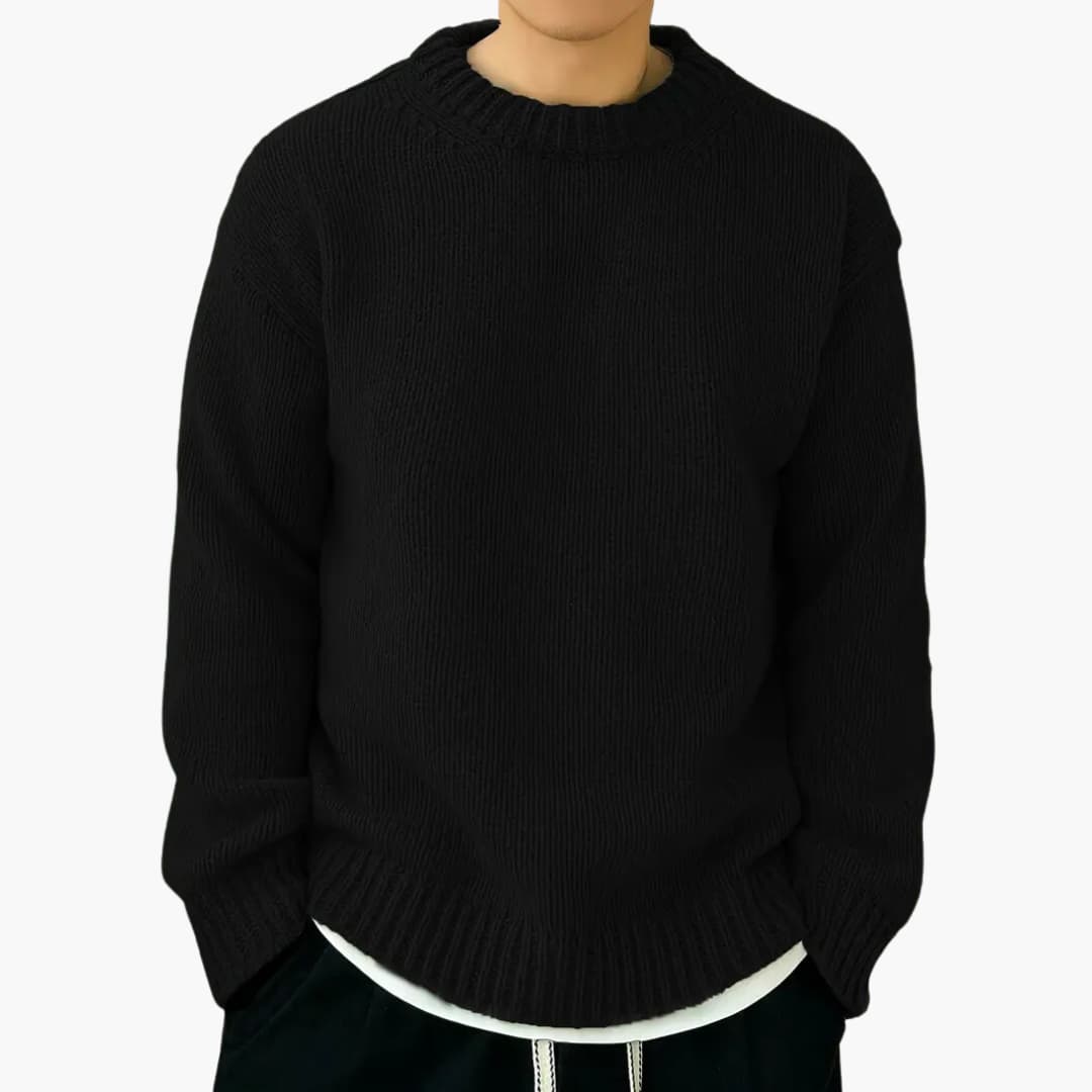 Elegant ribbed knit sweater in neutral tones, relaxed cozy fit for style-forward everyday wear