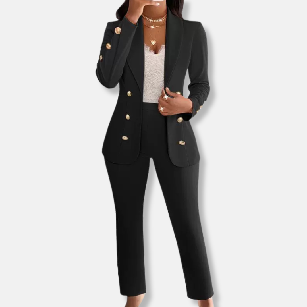 Women's two-piece slim-fit blazer and straight-leg trousers set with shawl collar for professionals