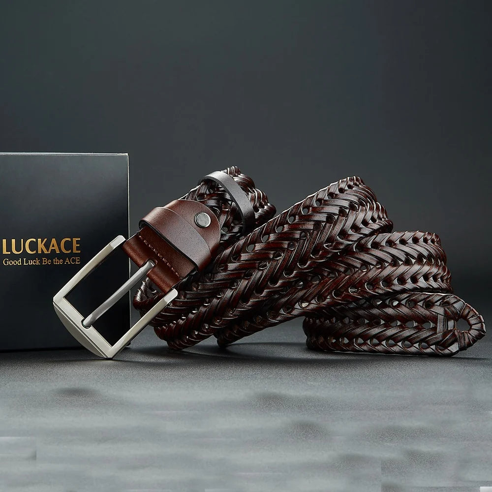 Men's brown handwoven diagonal braided leather belt with polished buckle, Kingsley cowhide design