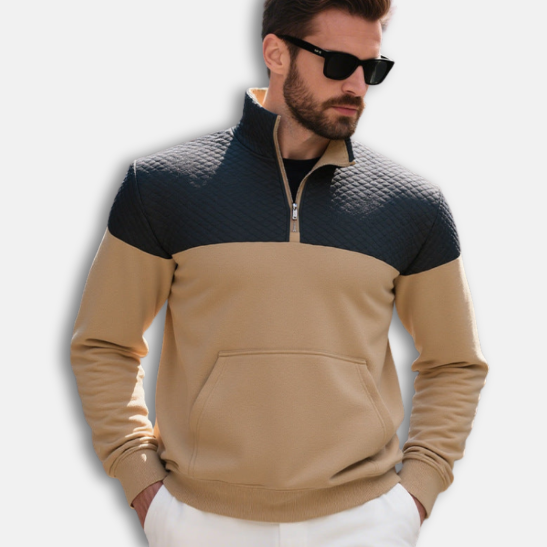 Men's gray cotton blend half-zip sweatshirt stand collar quilted diamond pattern smart casual