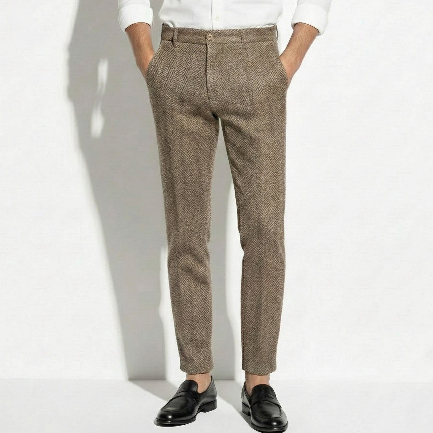 Men's classic vintage wool trousers relaxed fit structured silhouette timeless style