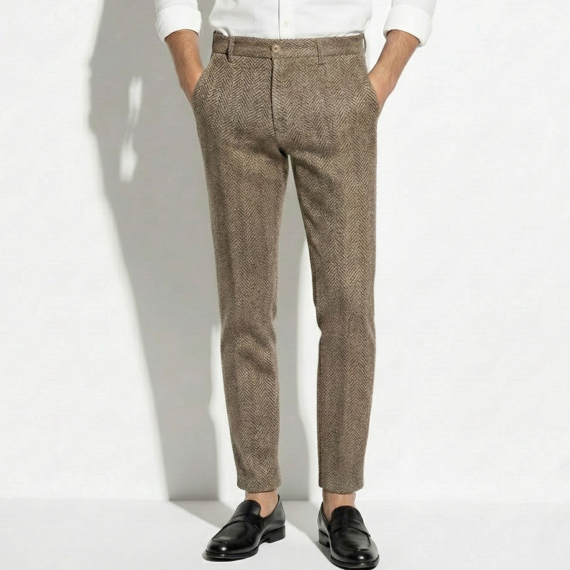 Men's classic vintage wool trousers relaxed fit structured silhouette timeless style