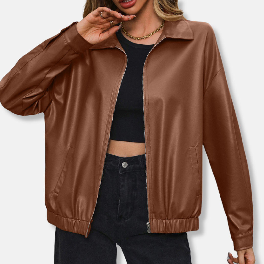 Women's cropped PU leather biker jacket relaxed fit glossy finish with zipper and snap buttons