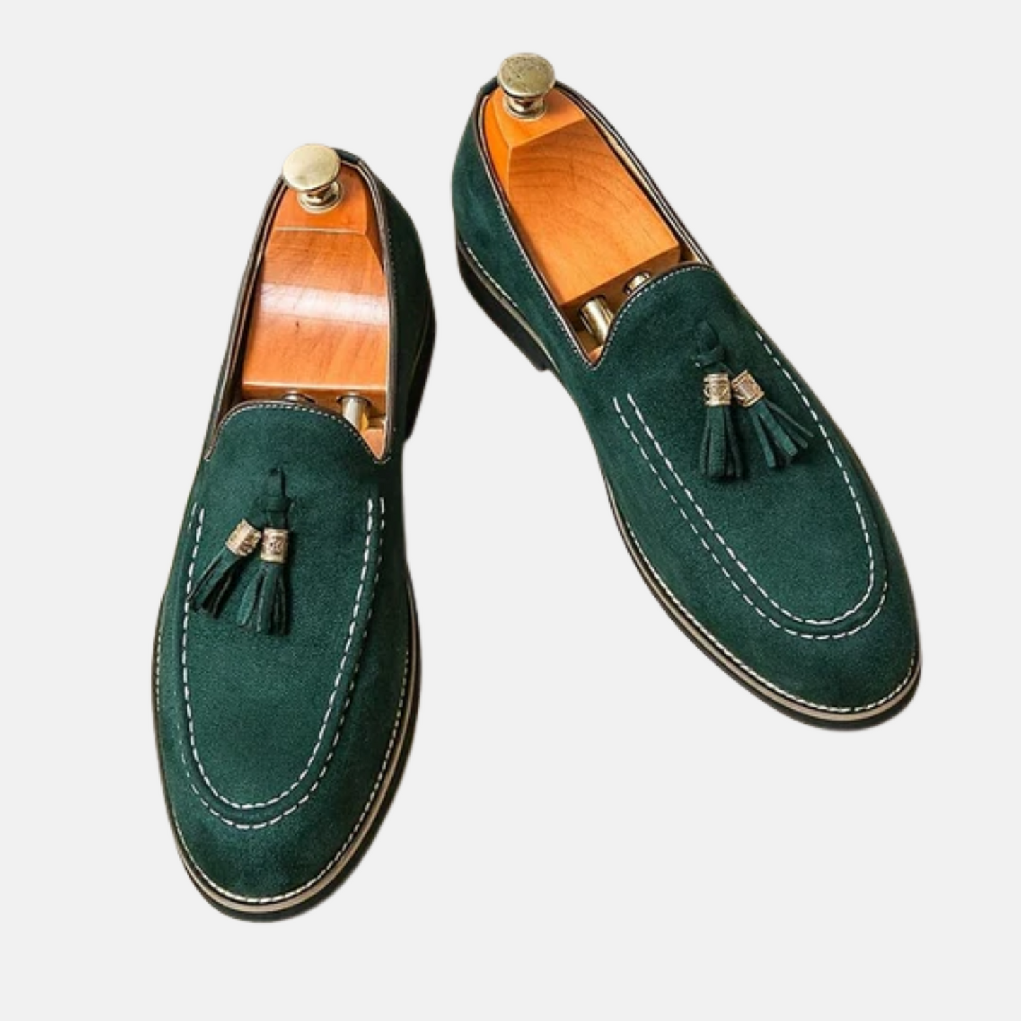 Men's brown suede tassel loafers with hand-stitched detailing, slip-on style for smart-casual elegance