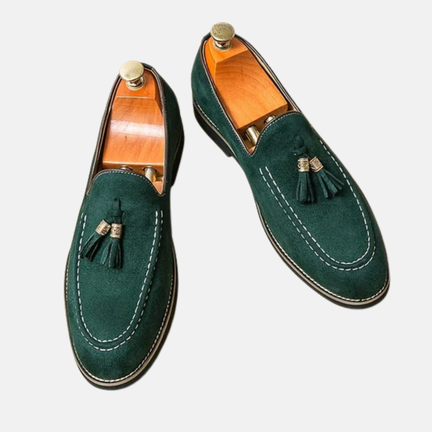 Men's brown suede tassel loafers with hand-stitched detailing, slip-on style for smart-casual elegance