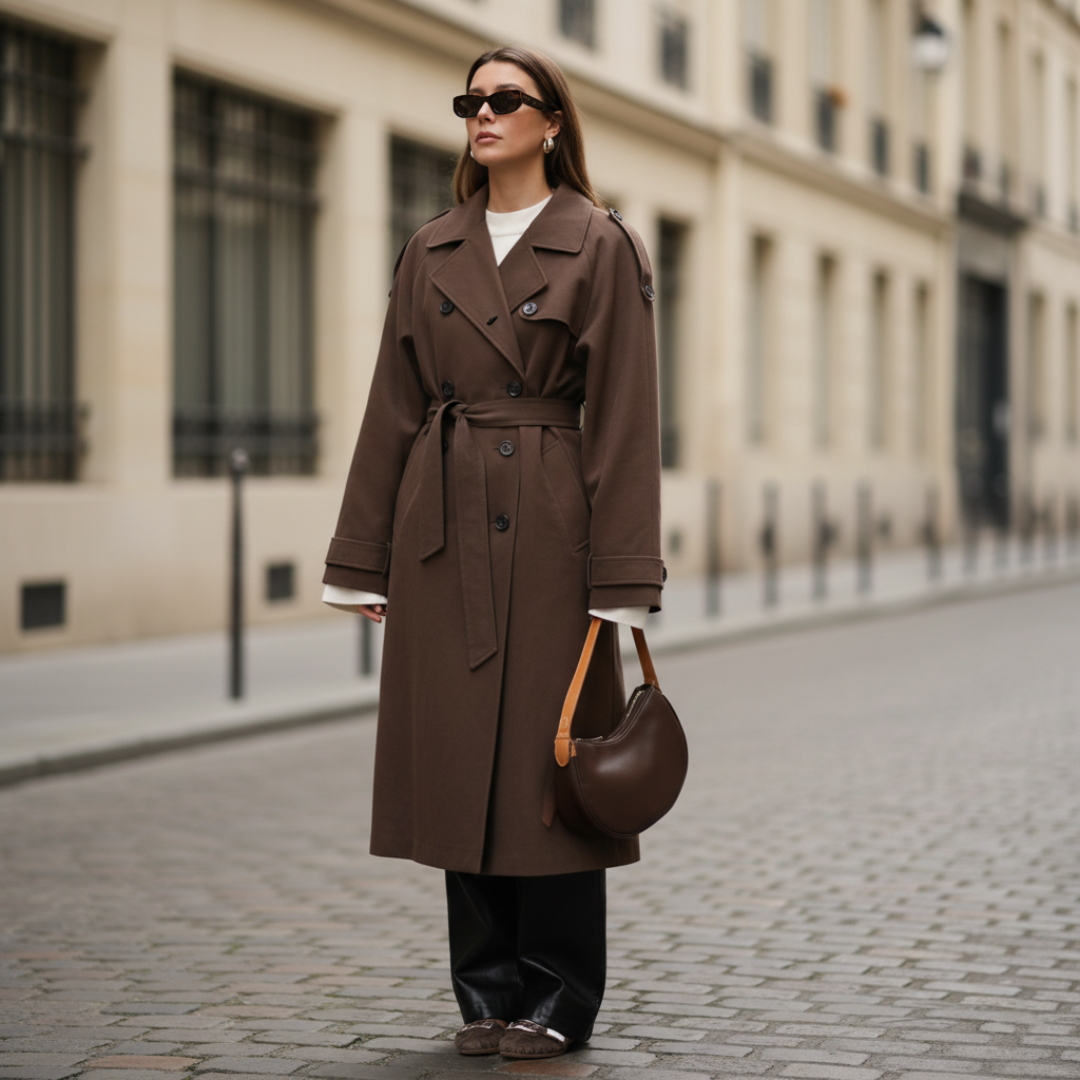 Women's oversized maxi trench coat double-breasted long outerwear in gray, black, or dark brown