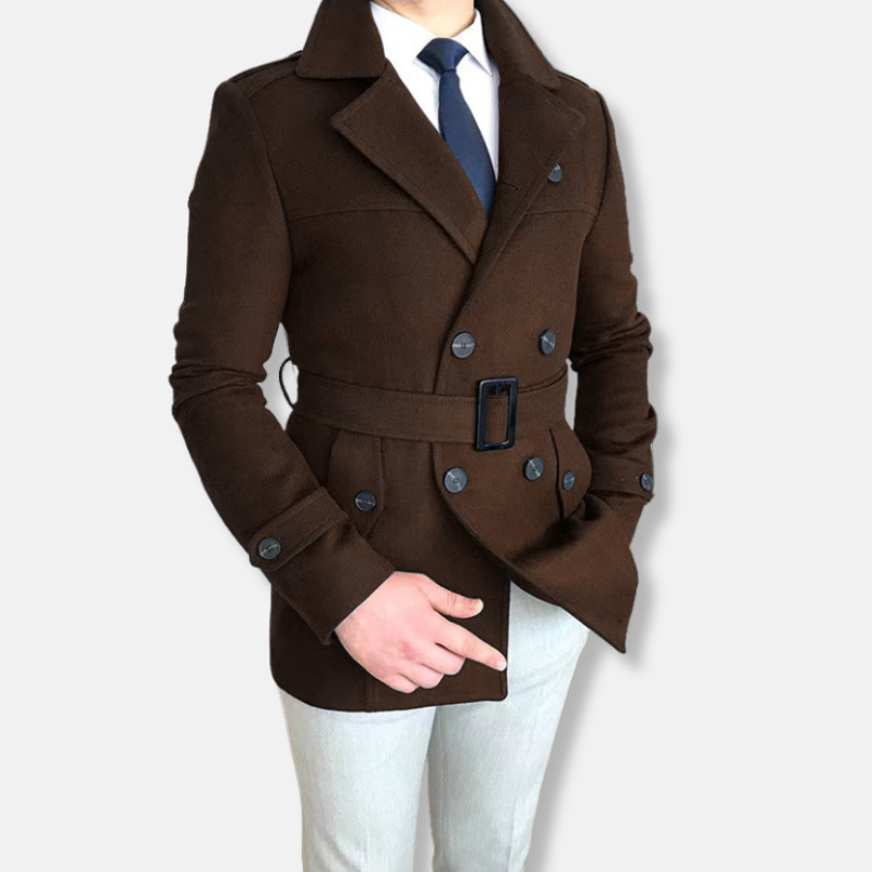 Burgundy wool blend double breasted belted jacket tailored fit with structured silhouette