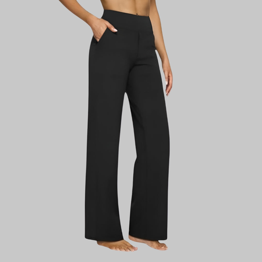 Women's black high-waist straight-leg performance pants with smooth sculpting waistband