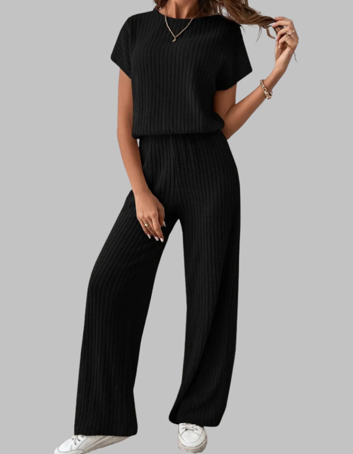 Nora | Women's Ribbed Two Piece Set Short Sleeve Top Wide Leg Pants