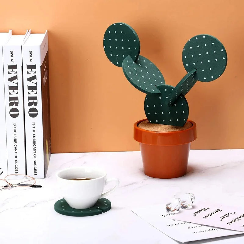 Modular cactus-shaped coaster set, six eco matte ABS interlocking discs, sculptural home decor display