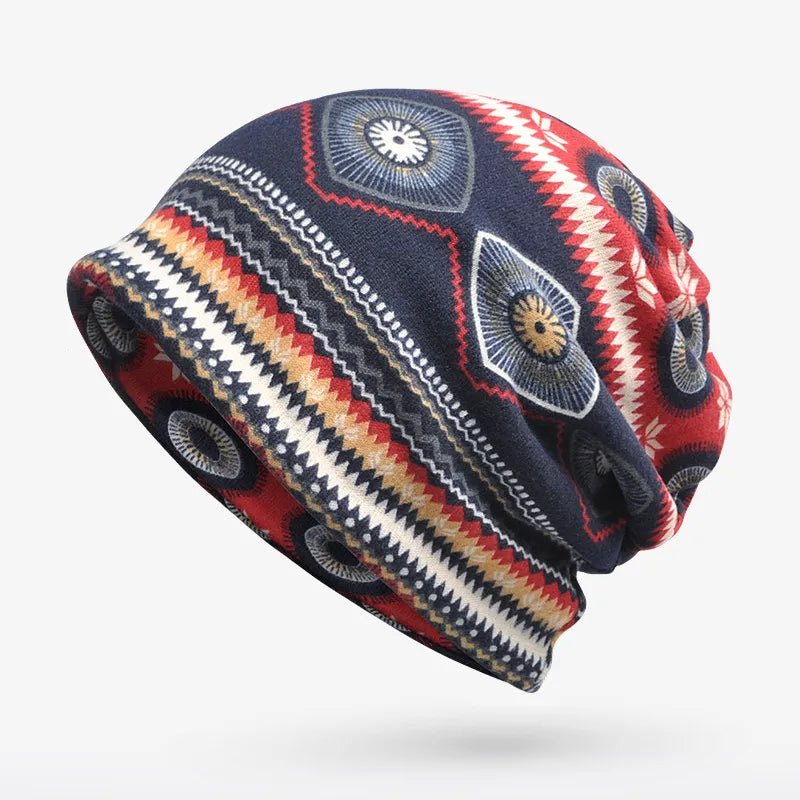 Women's geometric print slouchy beanie, cozy casual winter hat with bold contemporary pattern