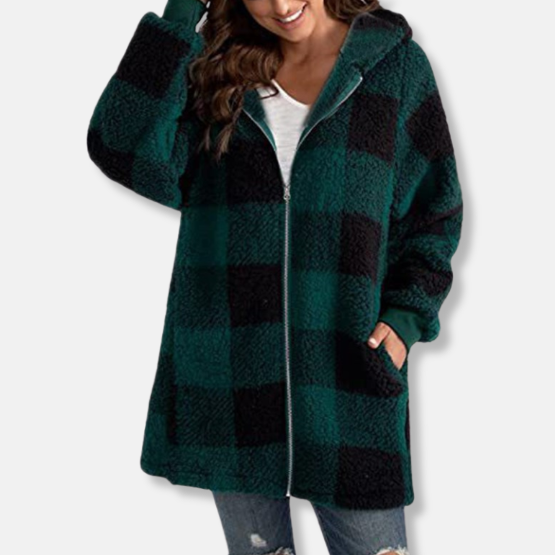 Women's oversized longline hooded knit jacket cozy soft check pattern full zip relaxed fit