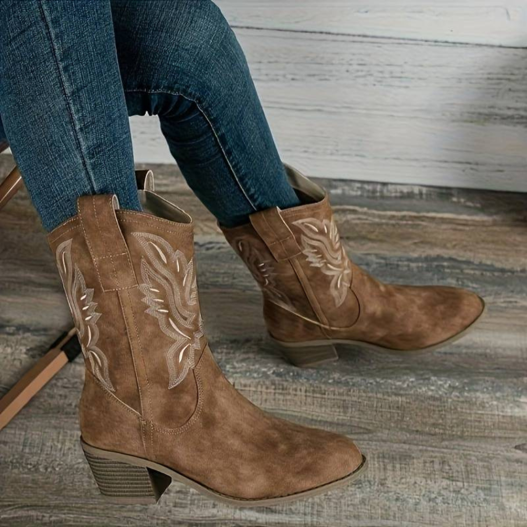Brown women's cowboy boots with vintage-style embroidery, suede-look Western silhouette for everyday wear