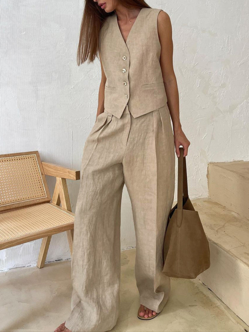 Women's linen two-piece set sleeveless V-neck top wide-leg pants breathable solid color casual chic