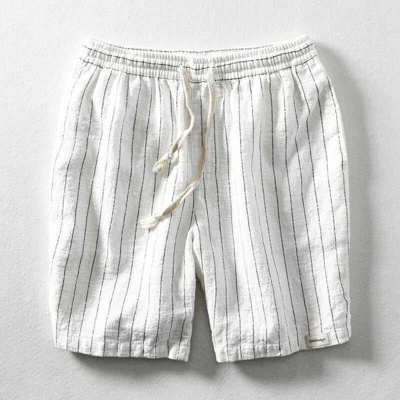 Men's beige linen blend shorts lightweight breathable pinstripe coastal summer casual relaxed fit