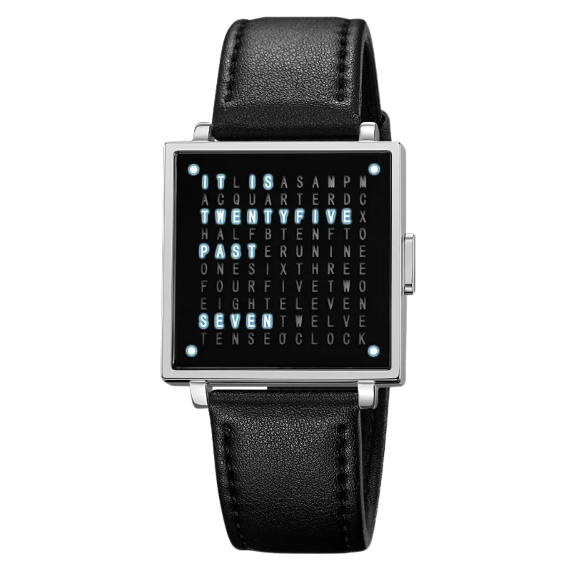 Matrix LED digital watch black minimalist bold typographic grid display illuminated phrase time