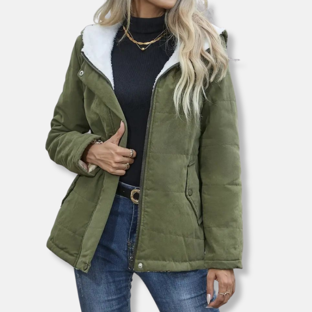Women's hooded quilted short coat with plush fleece lining and full-zip front for fall winter