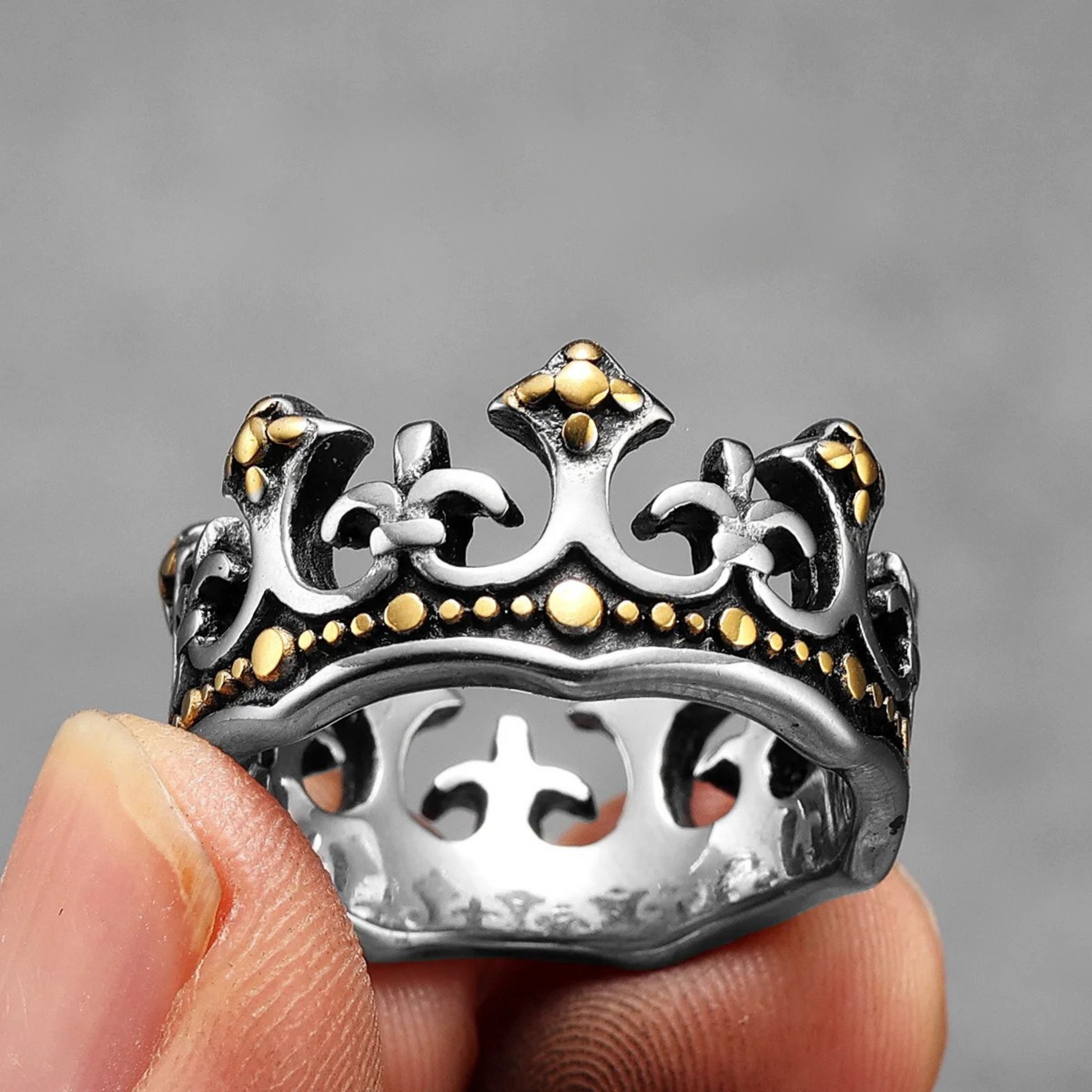 Men's silver stainless steel crown ring with fleur-de-lis motif and bold medieval royal design
